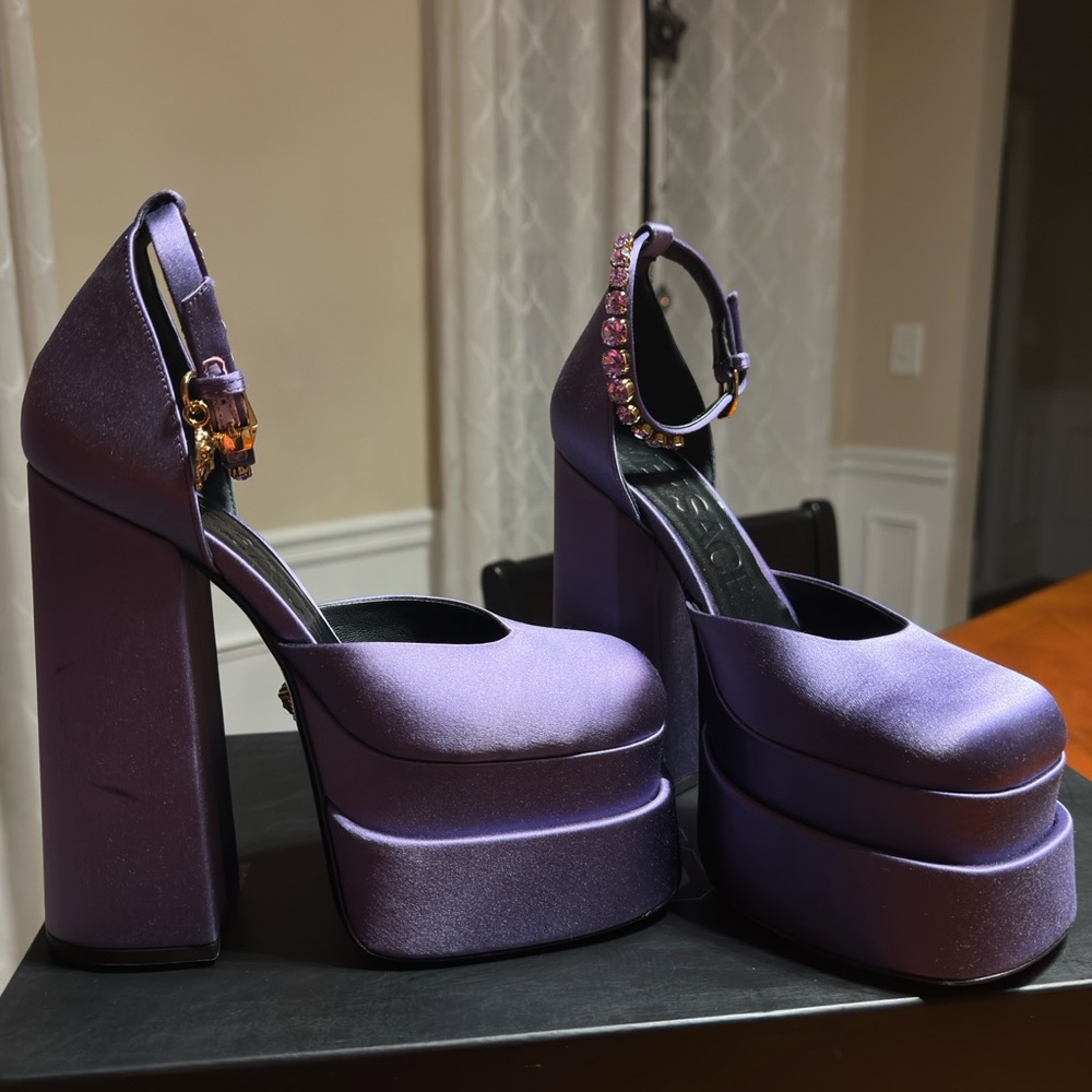 Versace Purple Satin Platform Heels